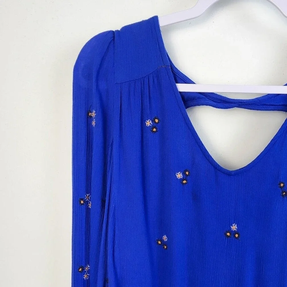 Free People‎ Cobalt Blue Oxford Embroidered Mini Swing Dress Small